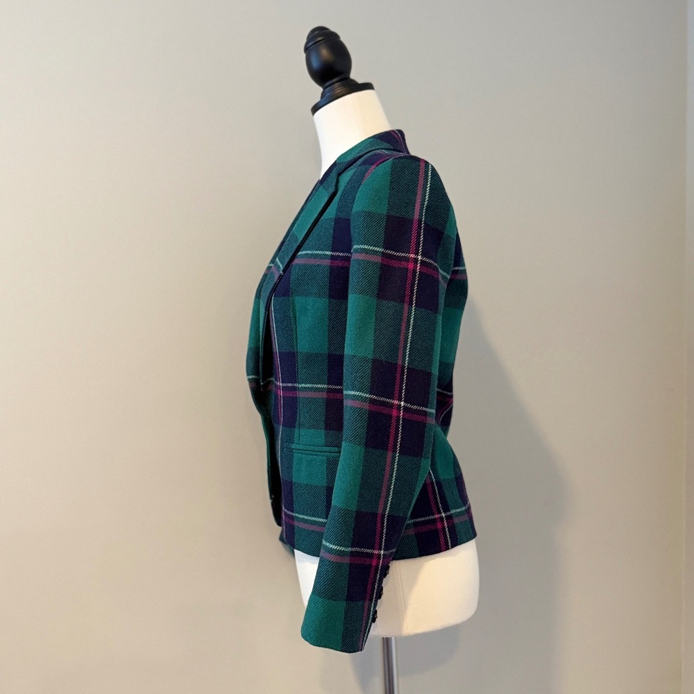Vintage 80s Plaid Wool Blend Blazer – Teal Green Navy Pink – Petite Size 10 - Picture 5 of 15